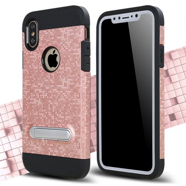 Wholesale Apple iPhone X (Ten) Pixel Hybrid Kickstand Case with Metal Plate for Car Mount (Rose Gold)